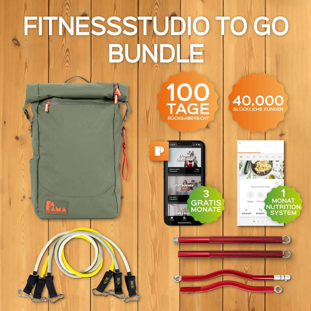 Fitnessstudio to Go (+3 Monate App), SZ Bar, Bands, Nutrition System 1 Monat PAKAMA athletics