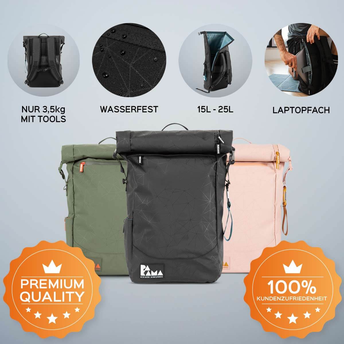 PAKAMA- fitness rucksack-schwarz-3,5 kg-wasserfest-25 liter-laptopfach